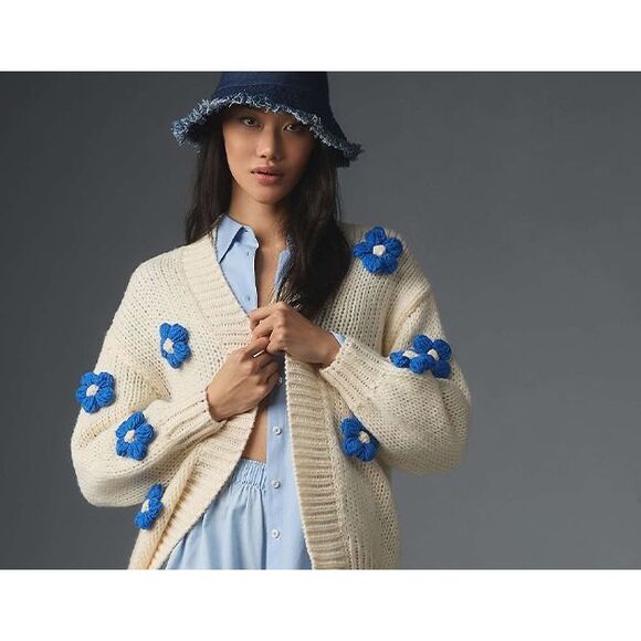 Maeve Sweaters - Maeve x Anthropologie Chunky 3D Flower Knit O/S Lg Cream Blue Cardigan One Size